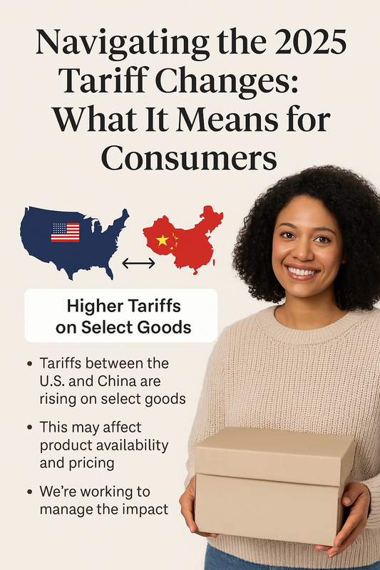 A smiling woman holding a delivery box next to a simple infographic showing how 2025 U.S.-China tariffs may affect pricing and product availability for consumers.