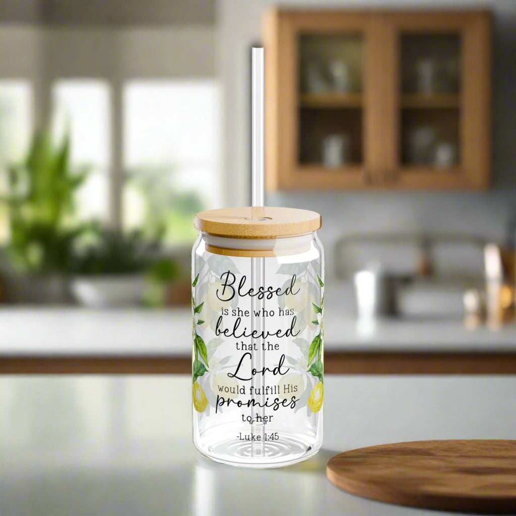 Luke 1:45 Blessed Lemon Sipper Glass - 16oz - Kim’s Signature Beauty & Accessories (Store description)