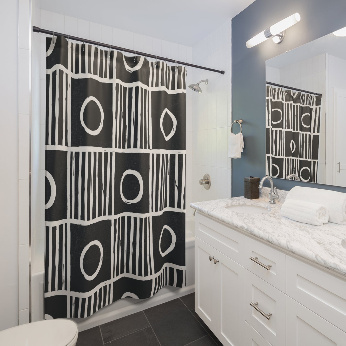 Trendy Circle and Stripe Shower Curtain - Kim’s Signature Beauty & Accessories (Store description)