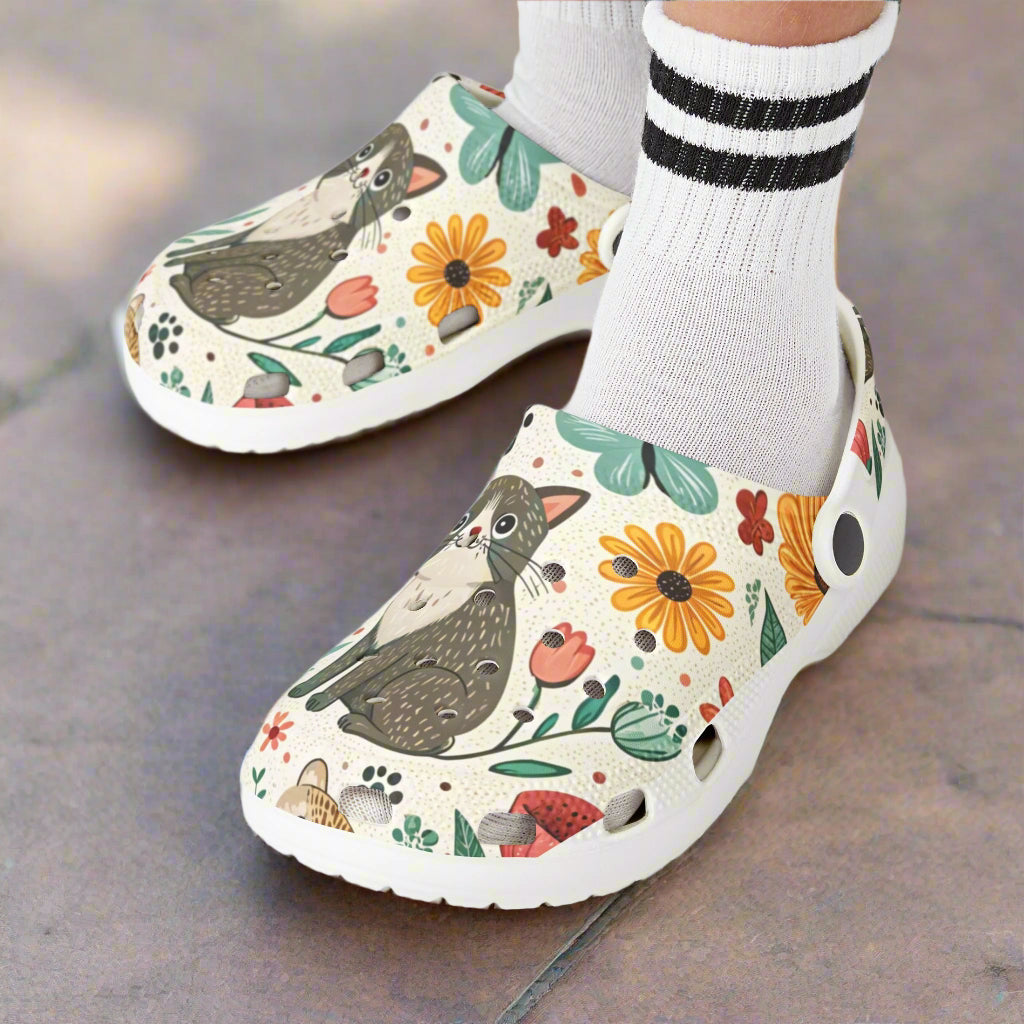Whimsical Cat Print Kids' Clogs - Fun, Colorful Slip-Ons for Playtime - Kim’s Signature Beauty & Accessories (Store description)