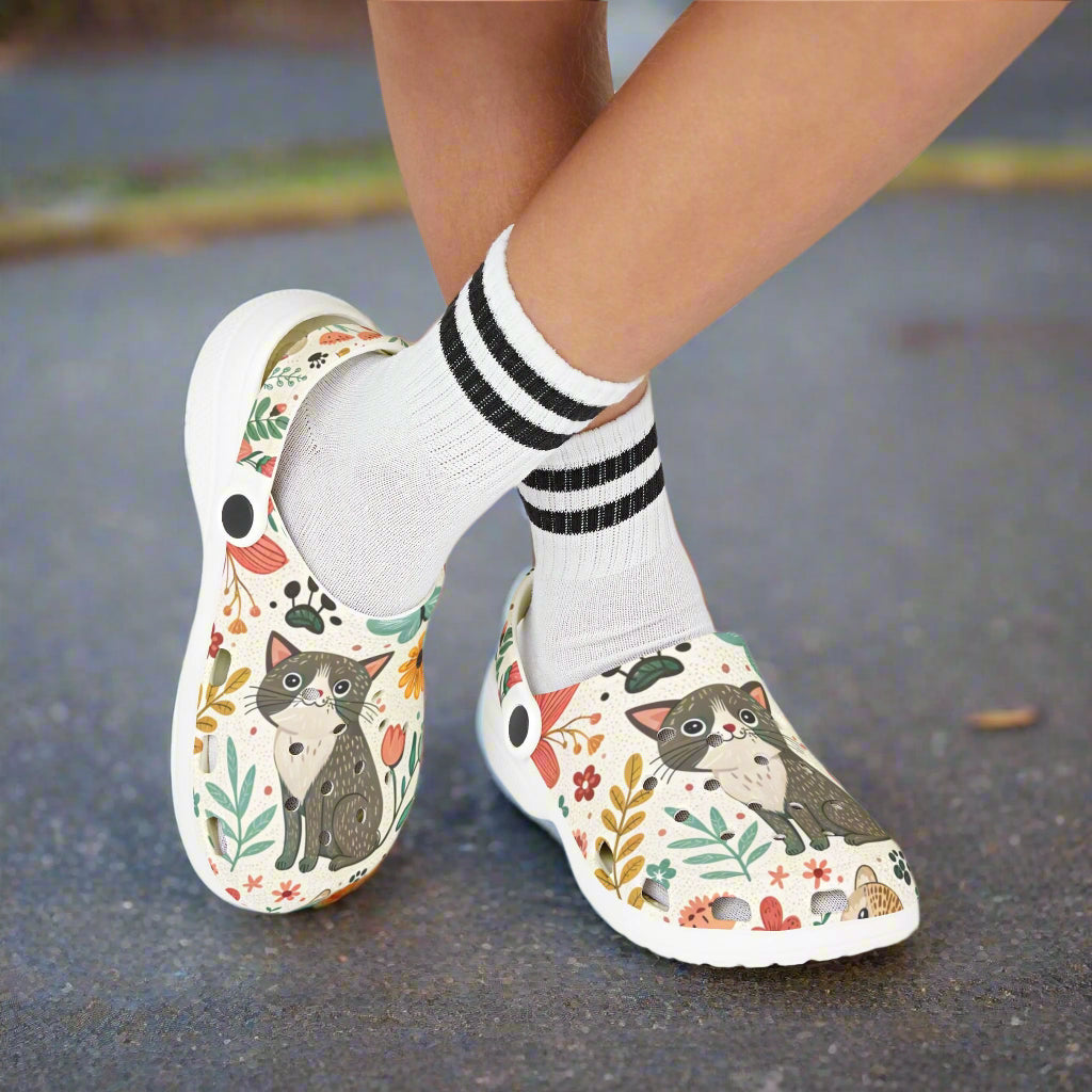 Whimsical Cat Print Kids' Clogs - Fun, Colorful Slip-Ons for Playtime - Kim’s Signature Beauty & Accessories (Store description)