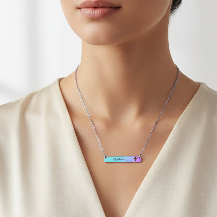 Necklace with a gradient bar pendant displaying the name 'Kimberly' and a cross symbol.