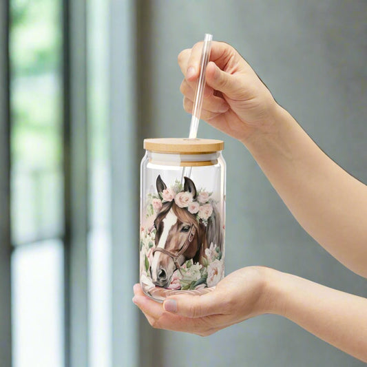 Pink Floral Horse lovers Sipper Glass, 16oz - Kim’s Signature Beauty & Accessories