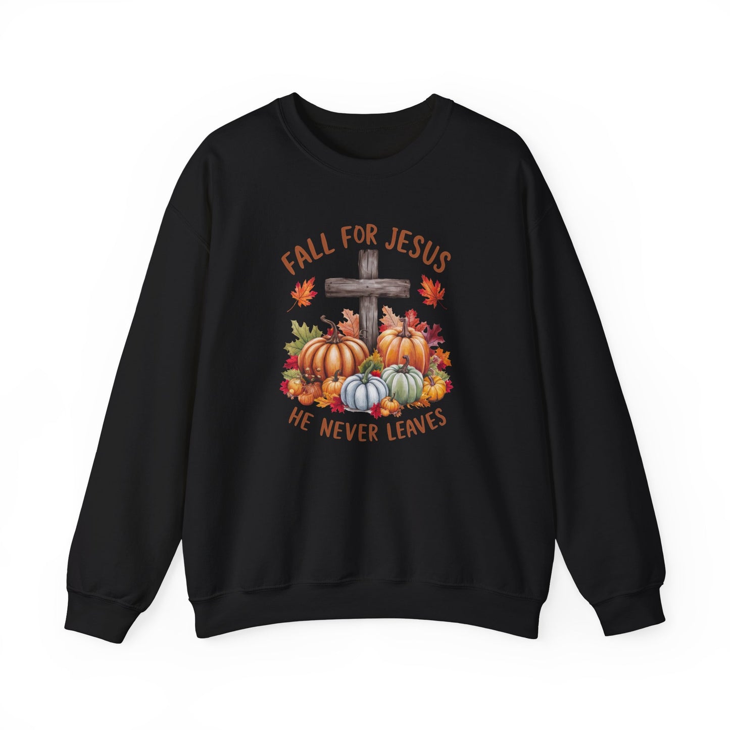 Fall for Jesus – He Never Leaves Sweatshirt - Kim’s Signature Beauty & Accessories (Store description)