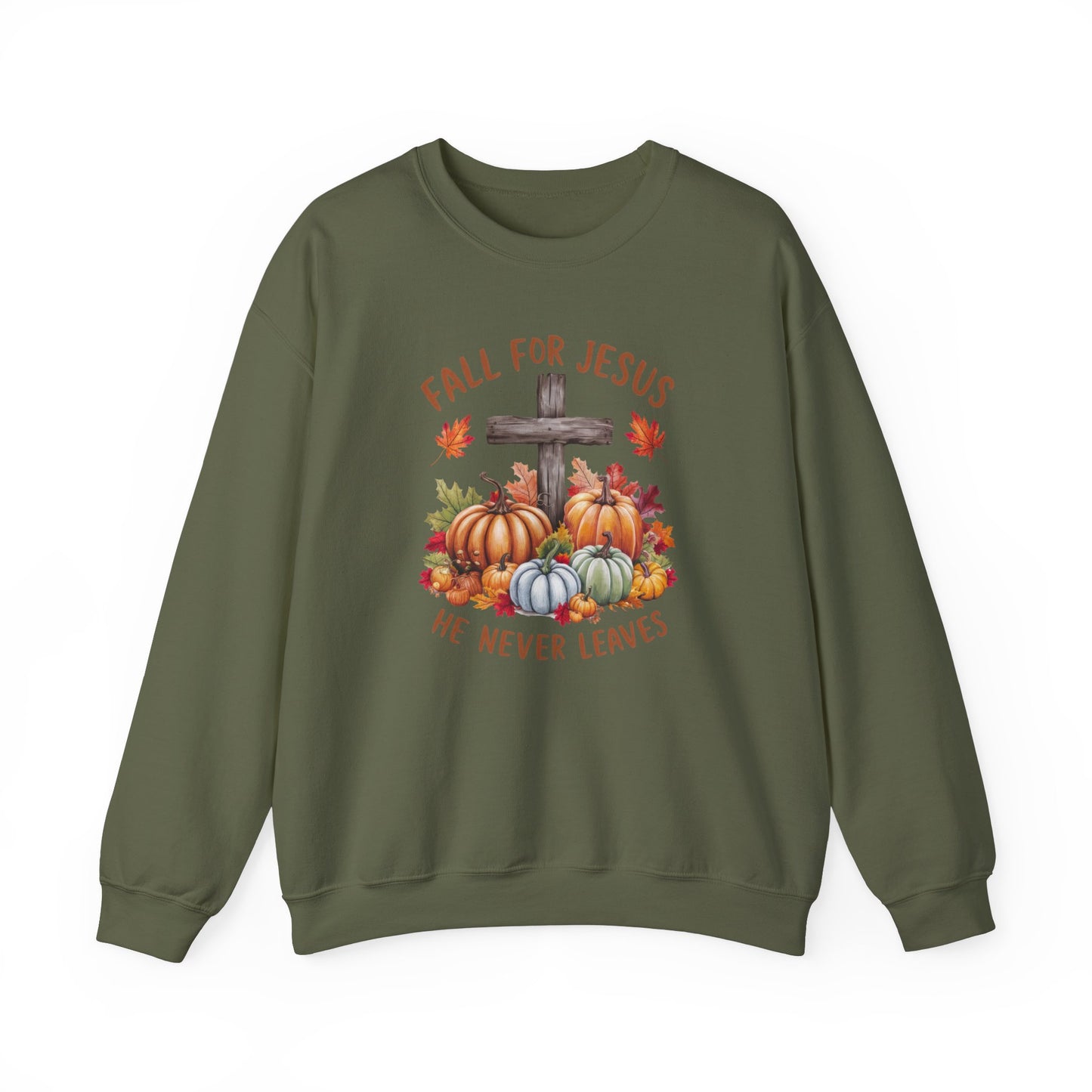 Fall for Jesus – He Never Leaves Sweatshirt - Kim’s Signature Beauty & Accessories (Store description)