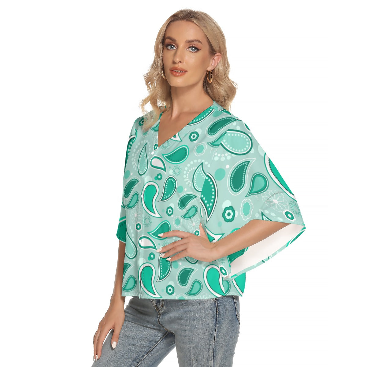Mint Happiness Bat Sleeve Light V-neck Front Buttoned Top - Kim’s Signature Beauty & Accessories (Store description)