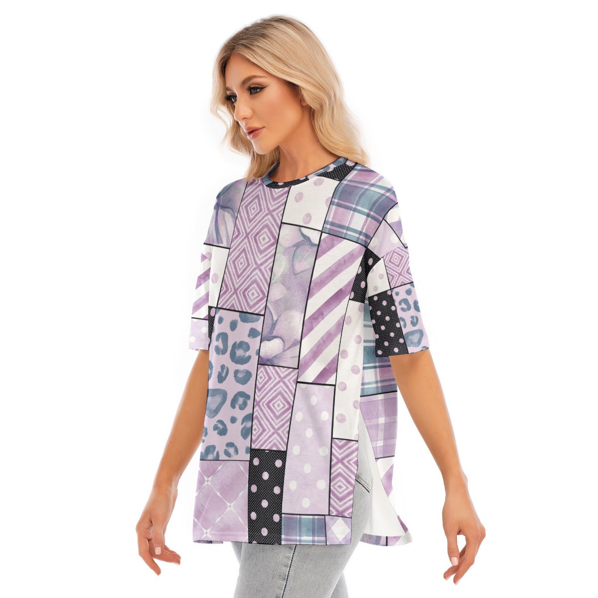 All-Over Print Women's Short Sleeves T-shirt With Hem Split - Kim’s Signature Beauty & Accessories