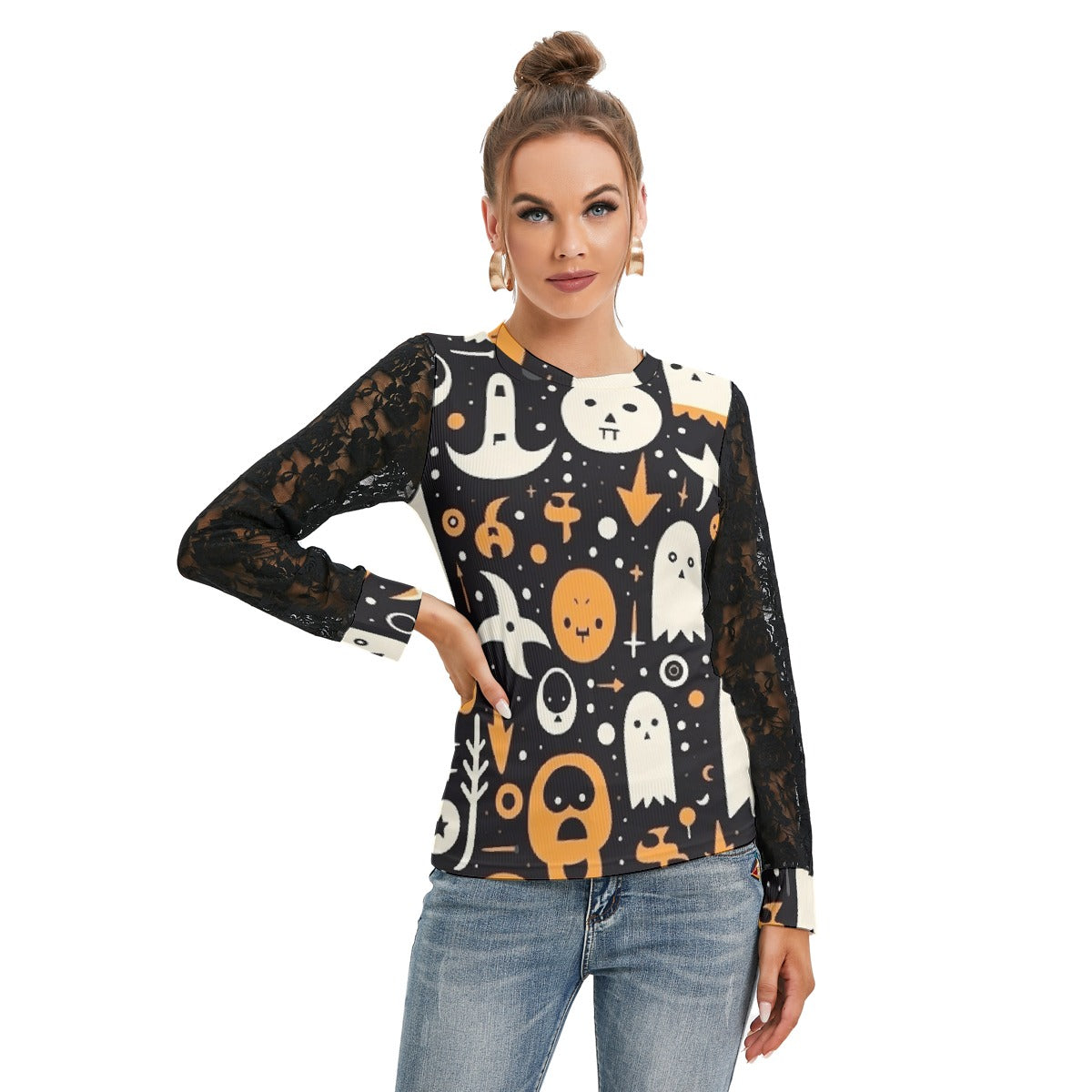 Pumpkin & Ghosts T-shirt with Black Lace Sleeve - Kim’s Signature Beauty & Accessories (Store description)