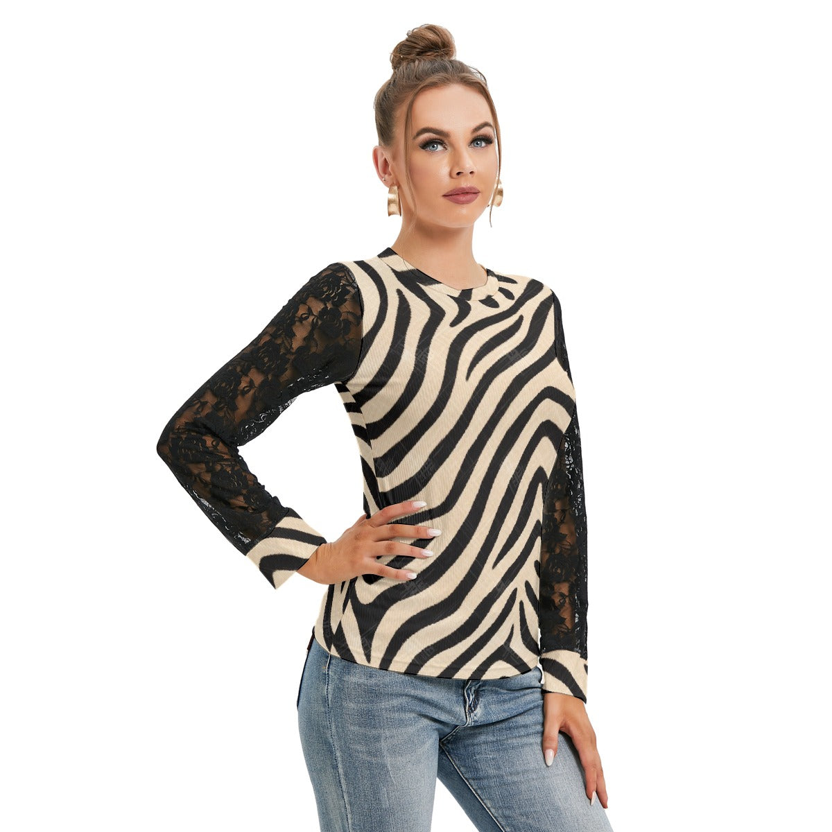 Black Stripe T-shirt with Black Lace Sleeves - Kim’s Signature Beauty & Accessories (Store description)