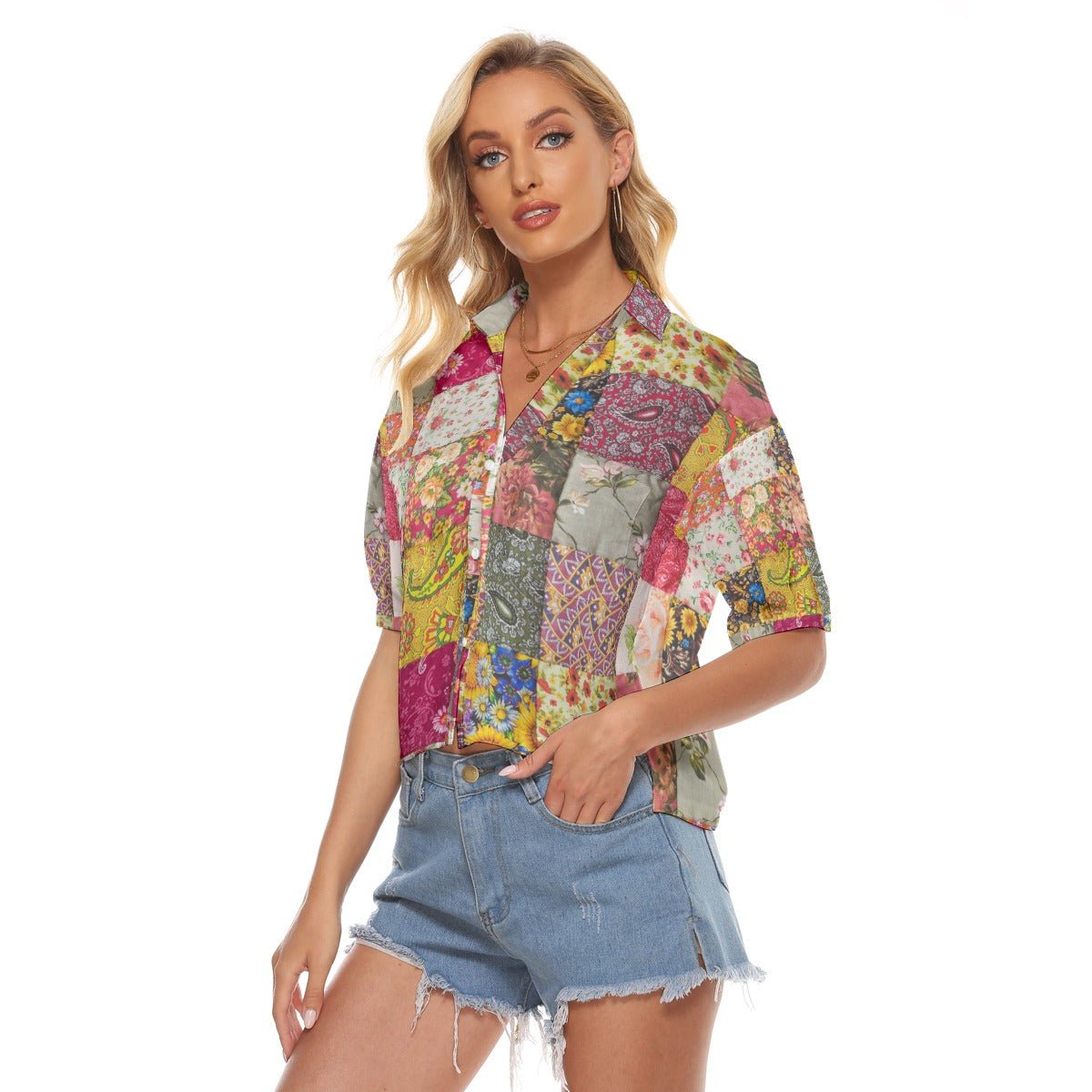 Patchwork Print Women's V-neck Shirts - Kim’s Signature Beauty & Accessories