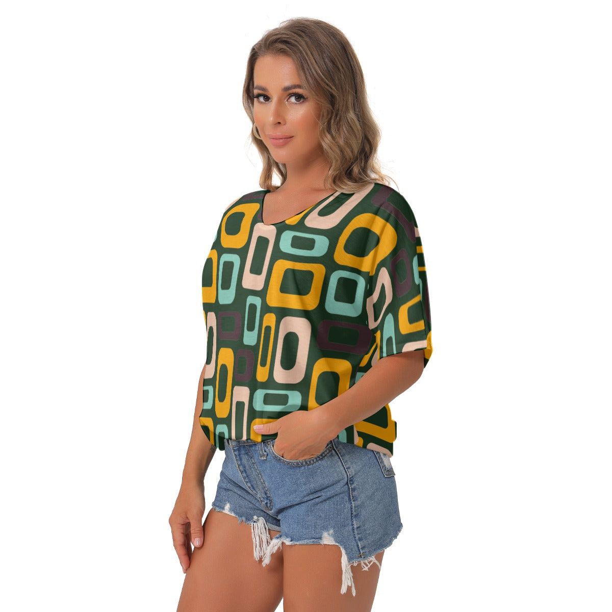 Green Retro V-Neck Blouse - Kim’s Signature Beauty & Accessories
