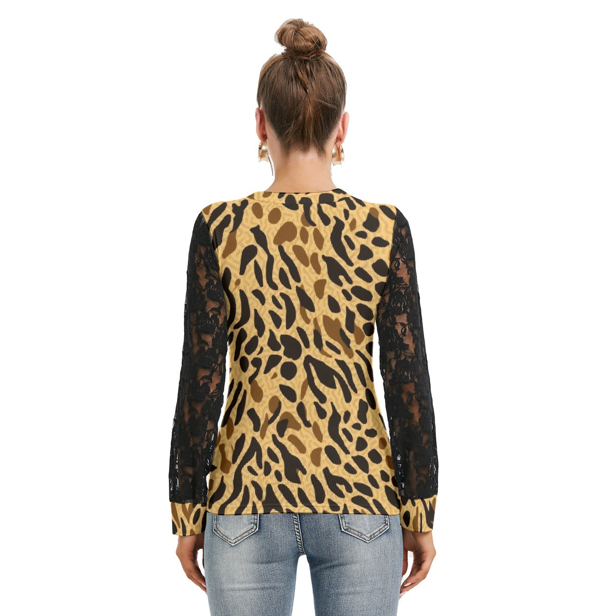 Leopard Print T-shirt with Black Lace Sleeves - Kim’s Signature Beauty & Accessories