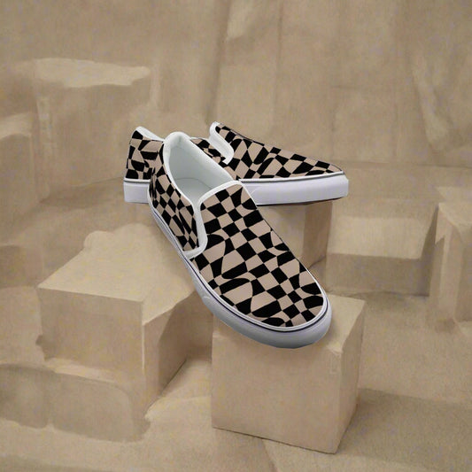 Retro Checkered Slip-On Canvas Sneakers – Bold Black & Tan - Kim’s Signature Beauty & Accessories