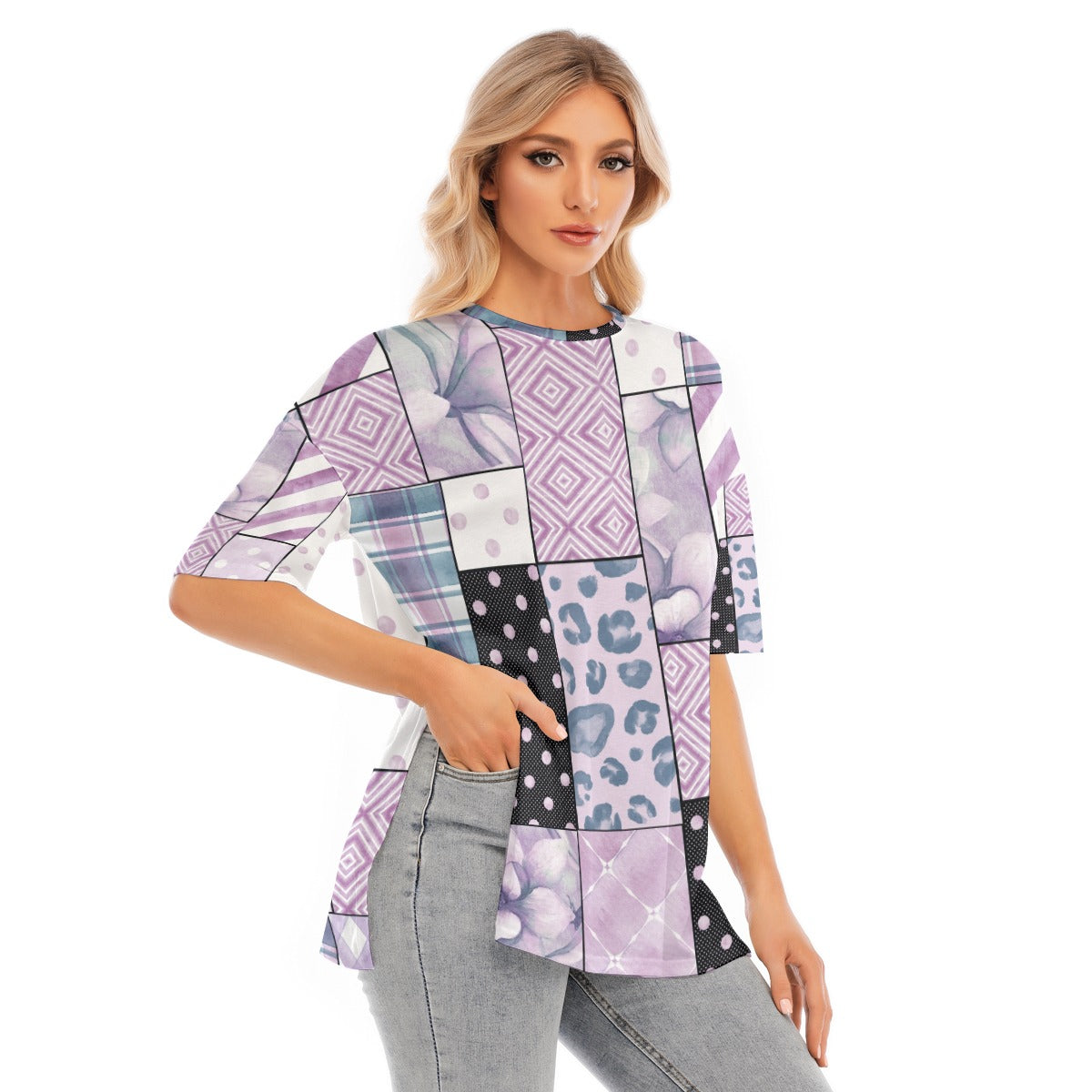All-Over Print Women's Short Sleeves T-shirt With Hem Split - Kim’s Signature Beauty & Accessories
