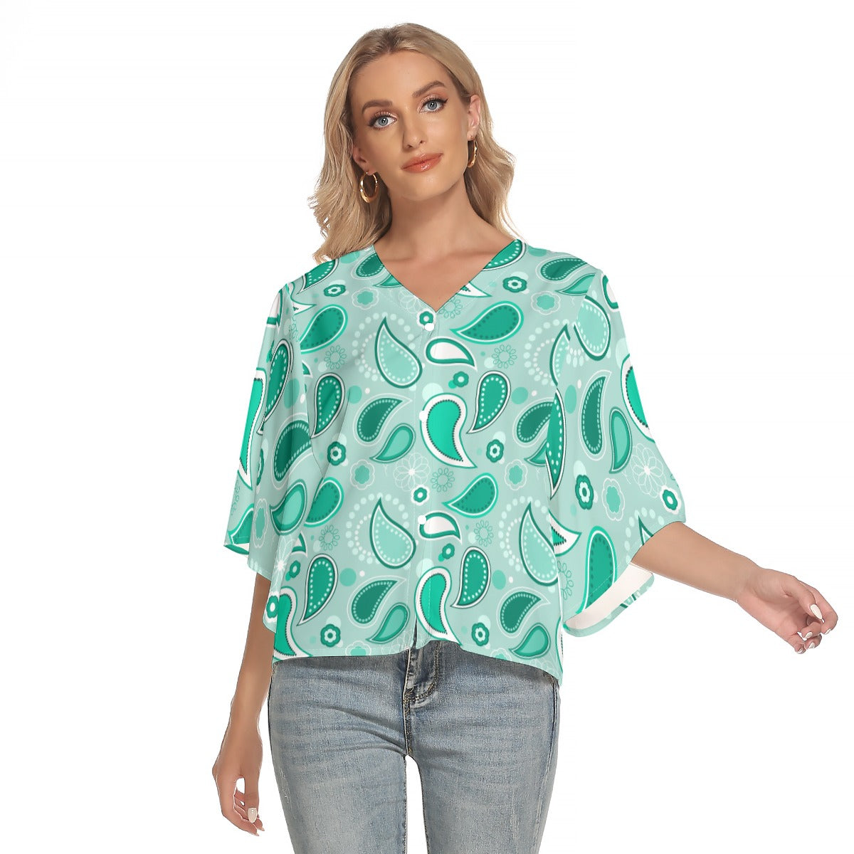 Mint Happiness Bat Sleeve Light V-neck Front Buttoned Top - Kim’s Signature Beauty & Accessories (Store description)