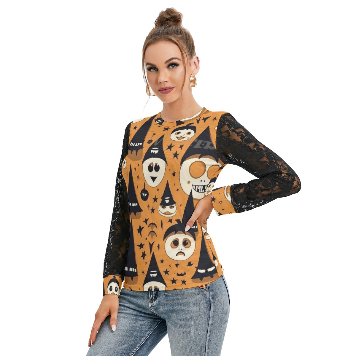 Ghostly Pumkins T-shirt  With Black Lace Sleeves - Kim’s Signature Beauty & Accessories