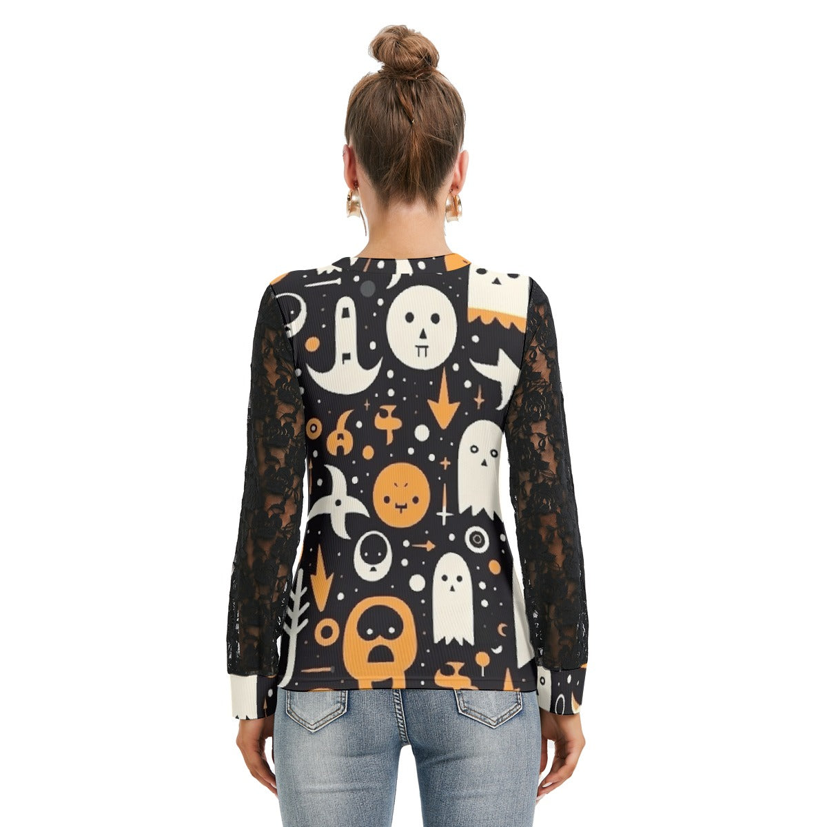 Pumpkin & Ghosts T-shirt with Black Lace Sleeve - Kim’s Signature Beauty & Accessories (Store description)
