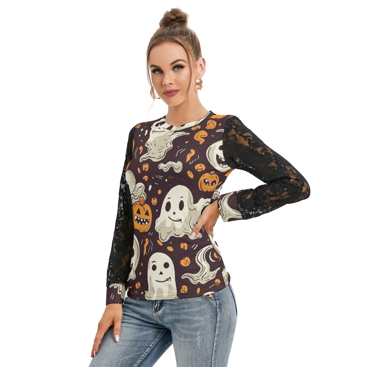 Ghosting Fun T-shirt With Black Lace Sleeves - Kim’s Signature Beauty & Accessories