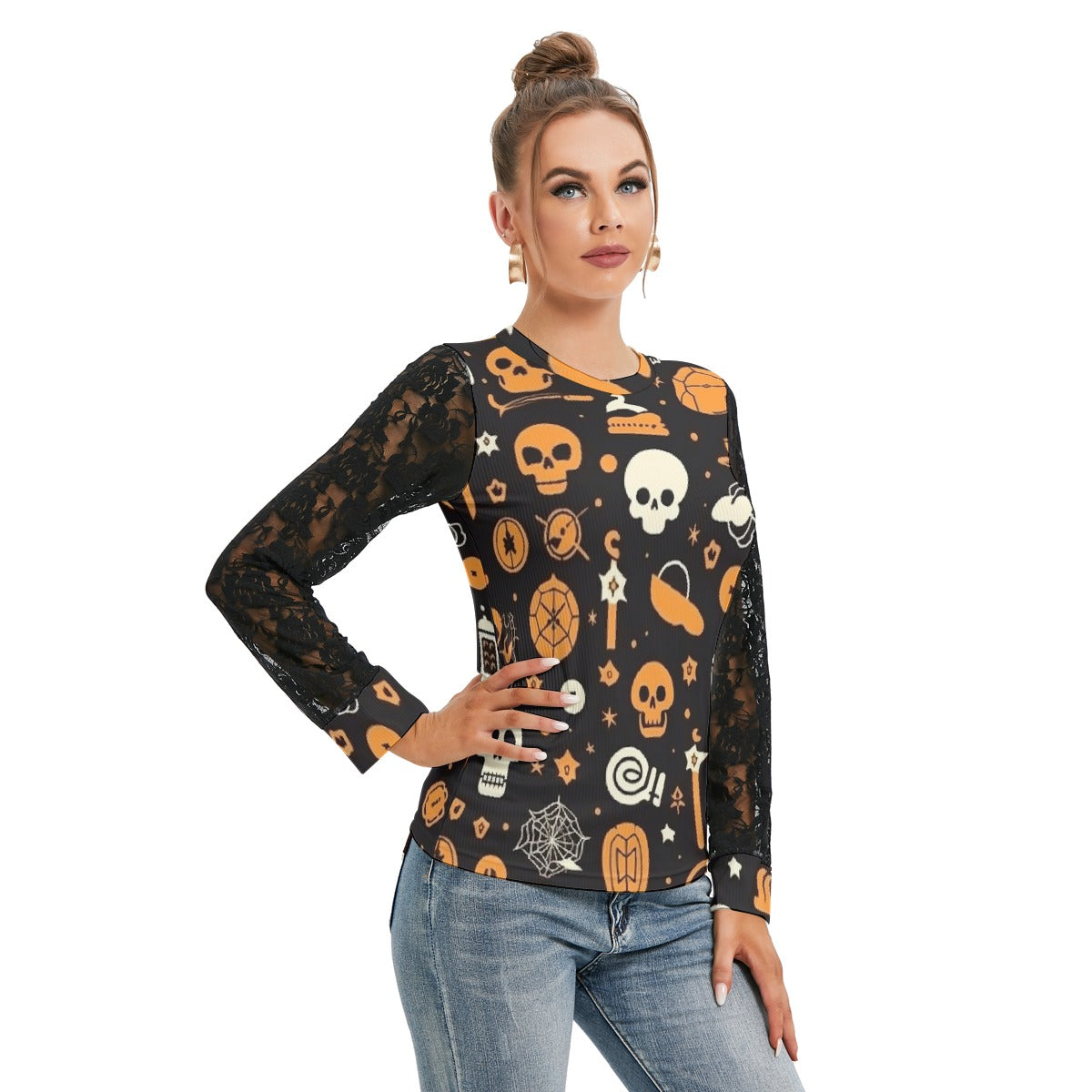 Spooky Skull T-shirt with Black Lace Sleeves - Kim’s Signature Beauty & Accessories
