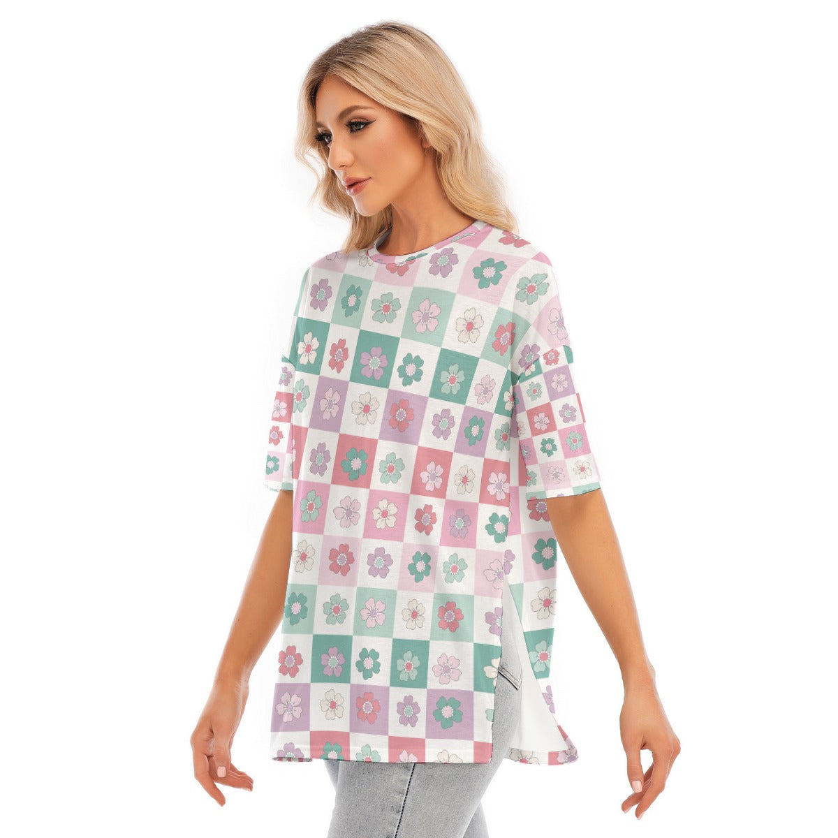 All-Over Print Women's Short Sleeves T-shirt With Hem Split - Kim’s Signature Beauty & Accessories (Store description)