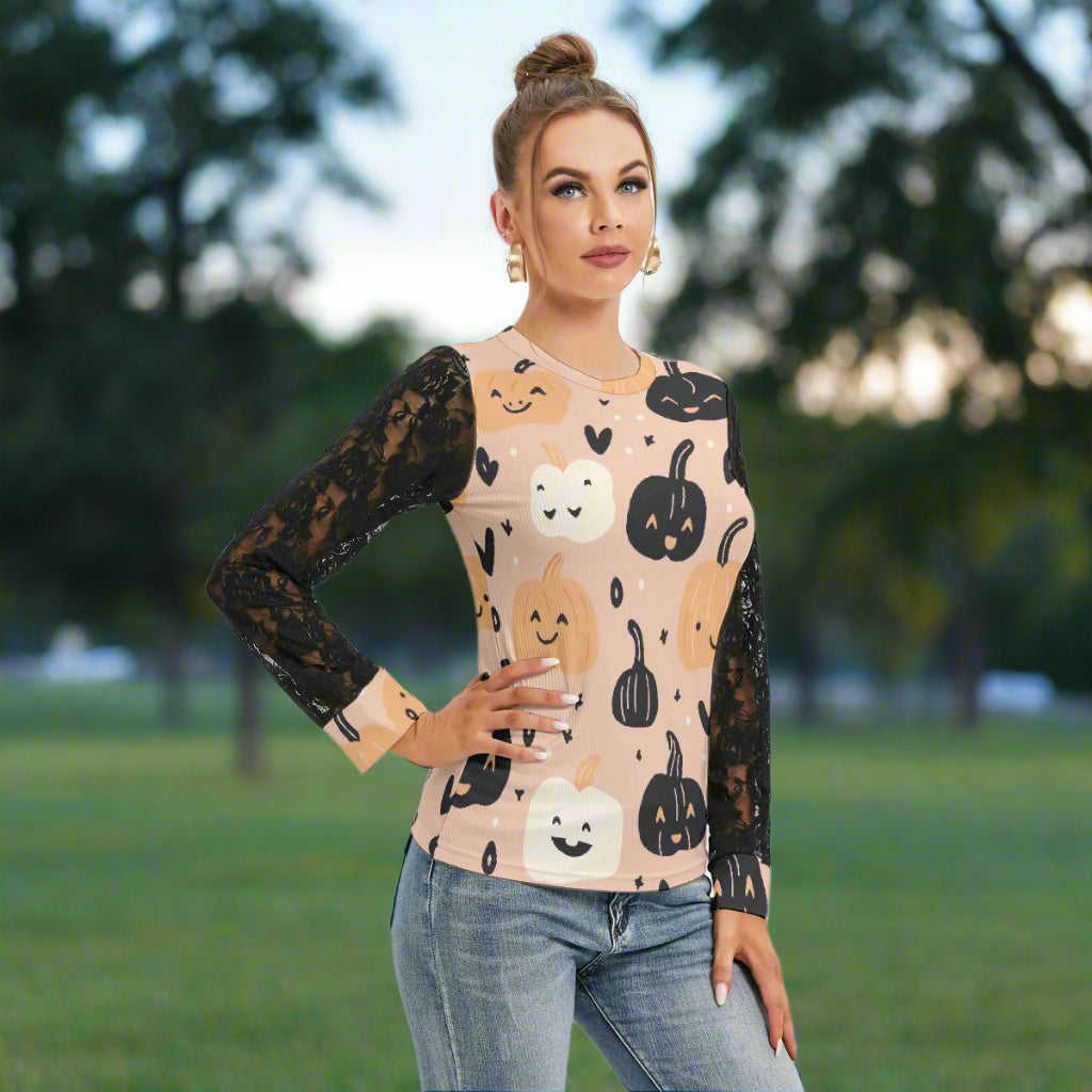 Orange Halloween T-shirt with Black Lace Sleeves - Kim’s Signature Beauty & Accessories