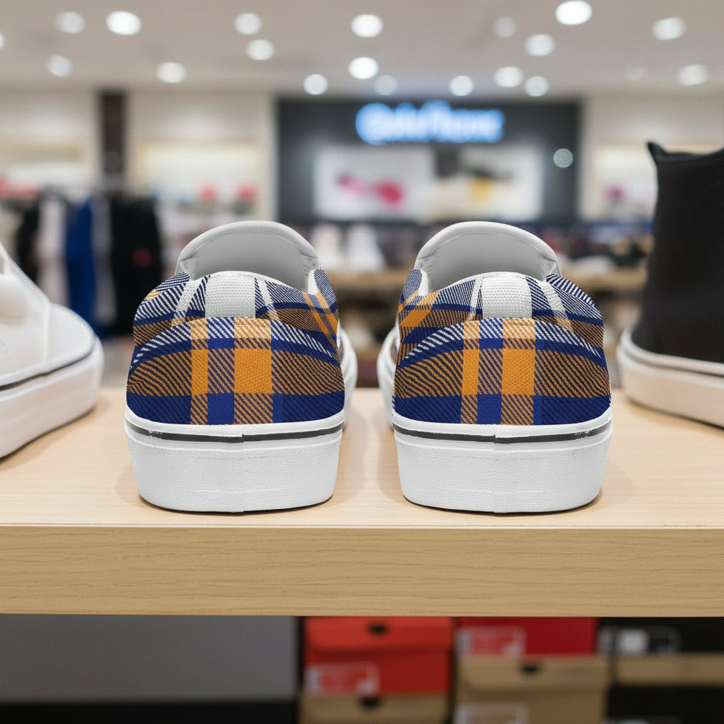 Plaid patterned shoes on a white background