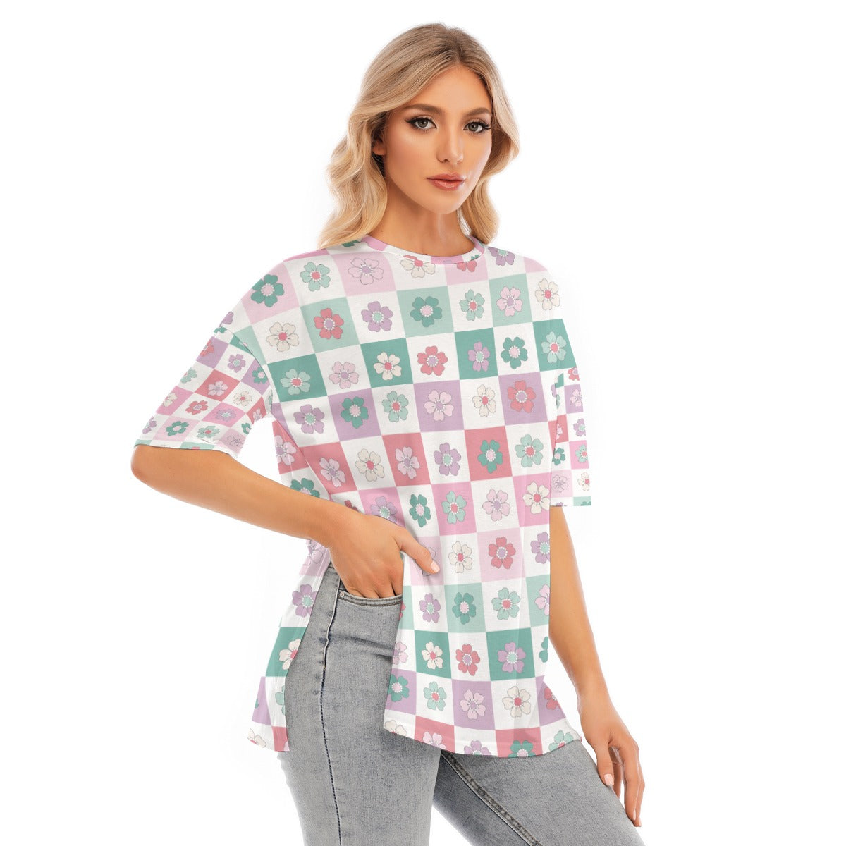 All-Over Print Women's Short Sleeves T-shirt With Hem Split - Kim’s Signature Beauty & Accessories (Store description)