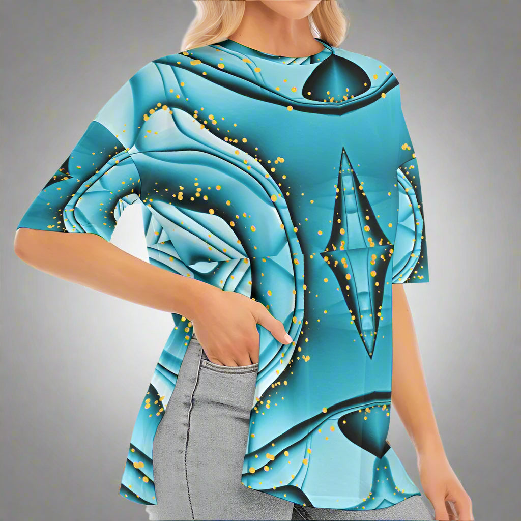Turquoise Abstract Print T-Shirt – Casual Summer Top - Kim’s Signature Beauty & Accessories