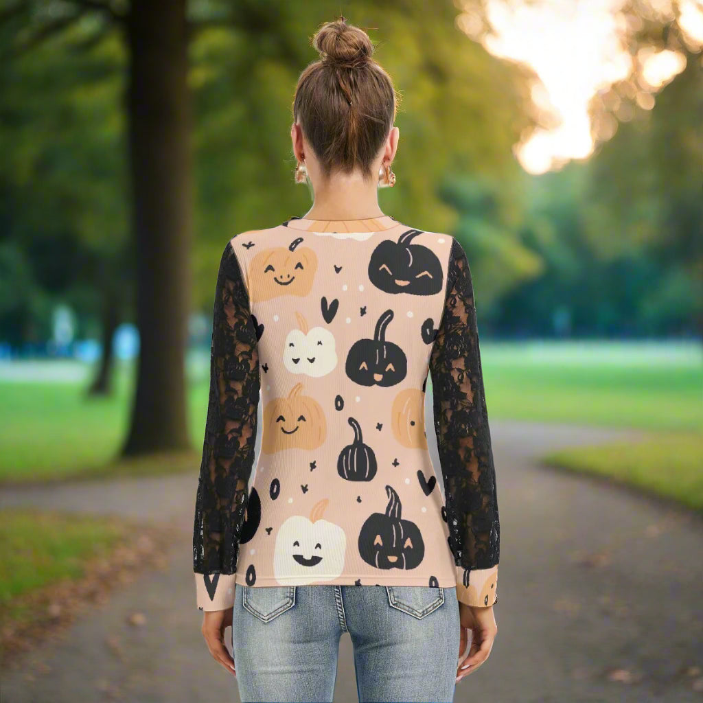 Orange Halloween T-shirt with Black Lace Sleeves - Kim’s Signature Beauty & Accessories