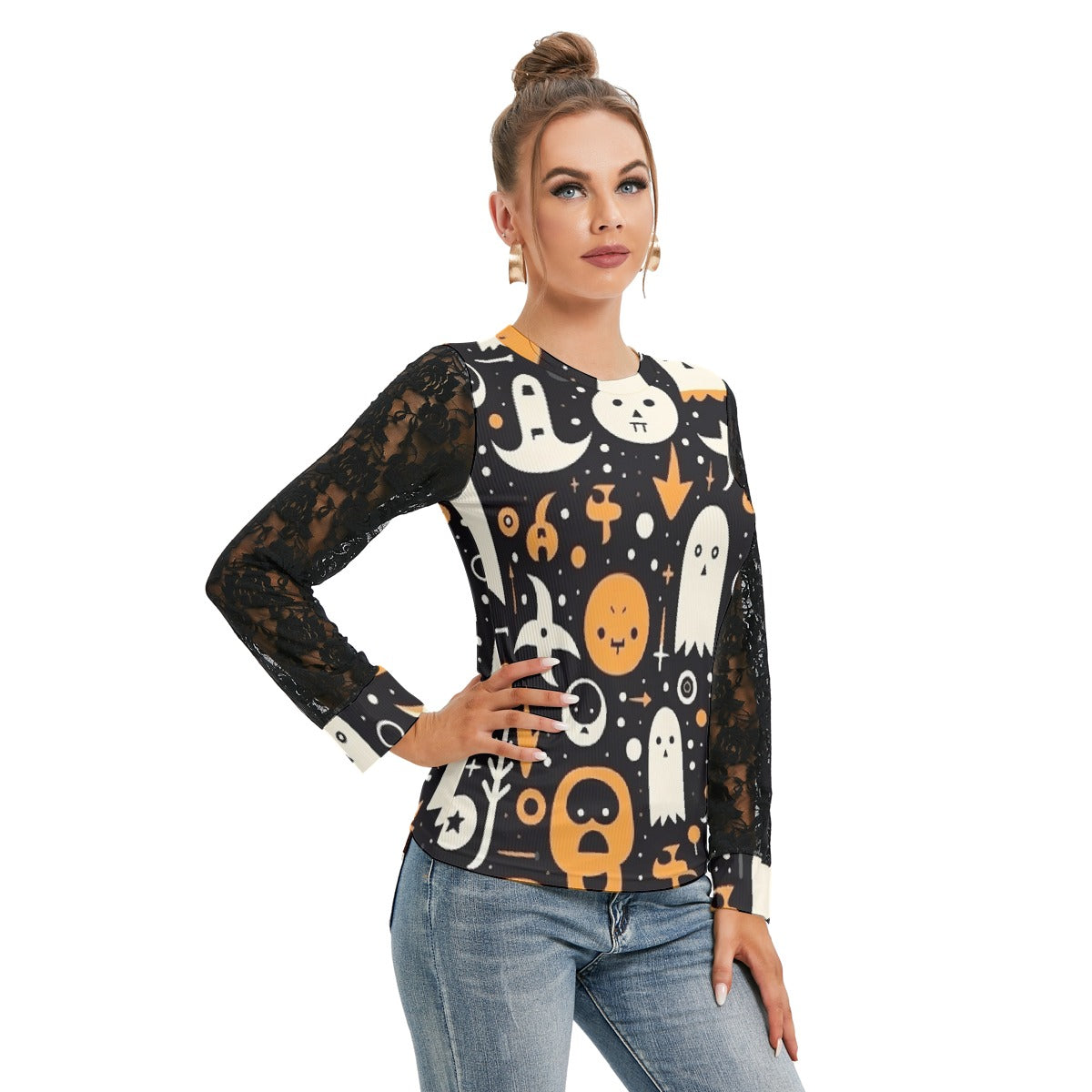 Pumpkin & Ghosts T-shirt with Black Lace Sleeve - Kim’s Signature Beauty & Accessories (Store description)