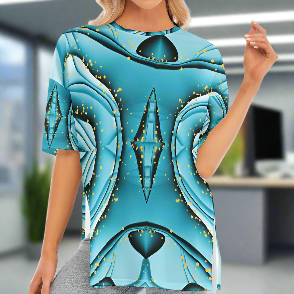 Turquoise Abstract Print T-Shirt – Casual Summer Top - Kim’s Signature Beauty & Accessories