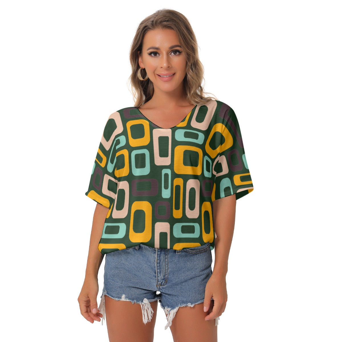 Green Retro V-Neck Blouse - Kim’s Signature Beauty & Accessories
