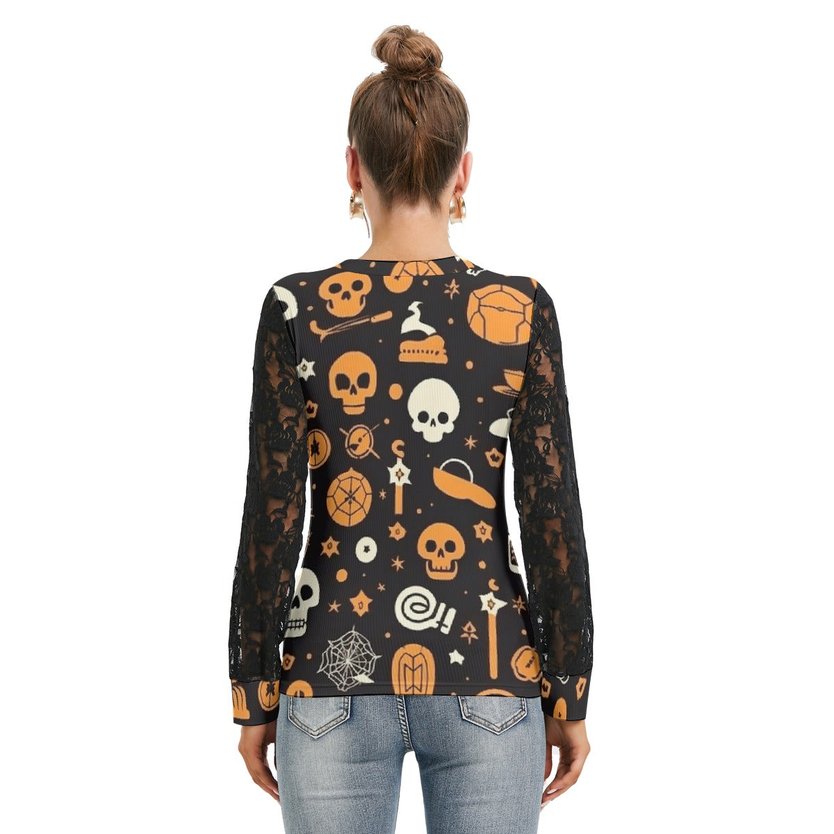 Spooky Skull T-shirt with Black Lace Sleeves - Kim’s Signature Beauty & Accessories