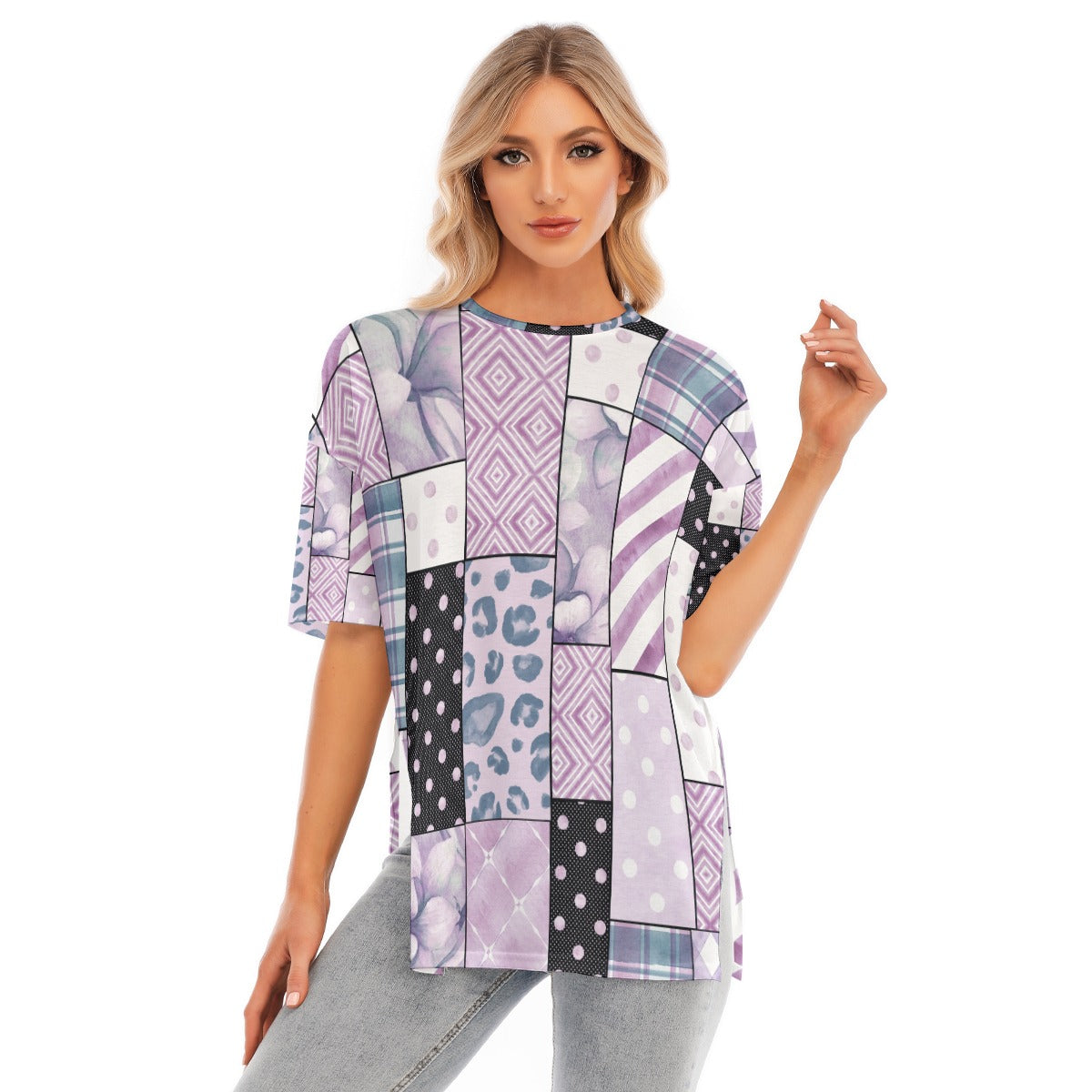 All-Over Print Women's Short Sleeves T-shirt With Hem Split - Kim’s Signature Beauty & Accessories