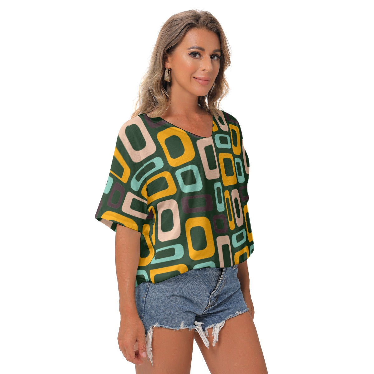 Green Retro V-Neck Blouse - Kim’s Signature Beauty & Accessories