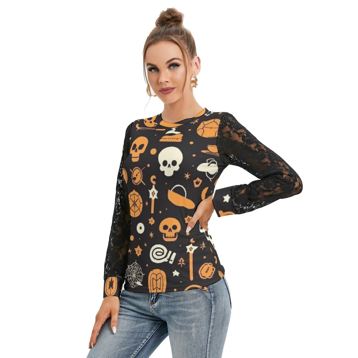 Spooky Skull T-shirt with Black Lace Sleeves - Kim’s Signature Beauty & Accessories