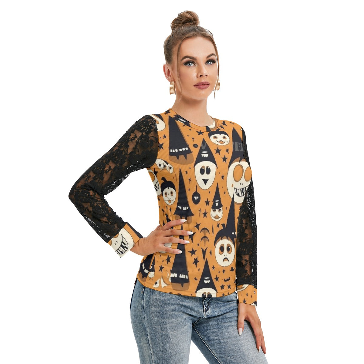 Ghostly Pumkins T-shirt  With Black Lace Sleeves - Kim’s Signature Beauty & Accessories