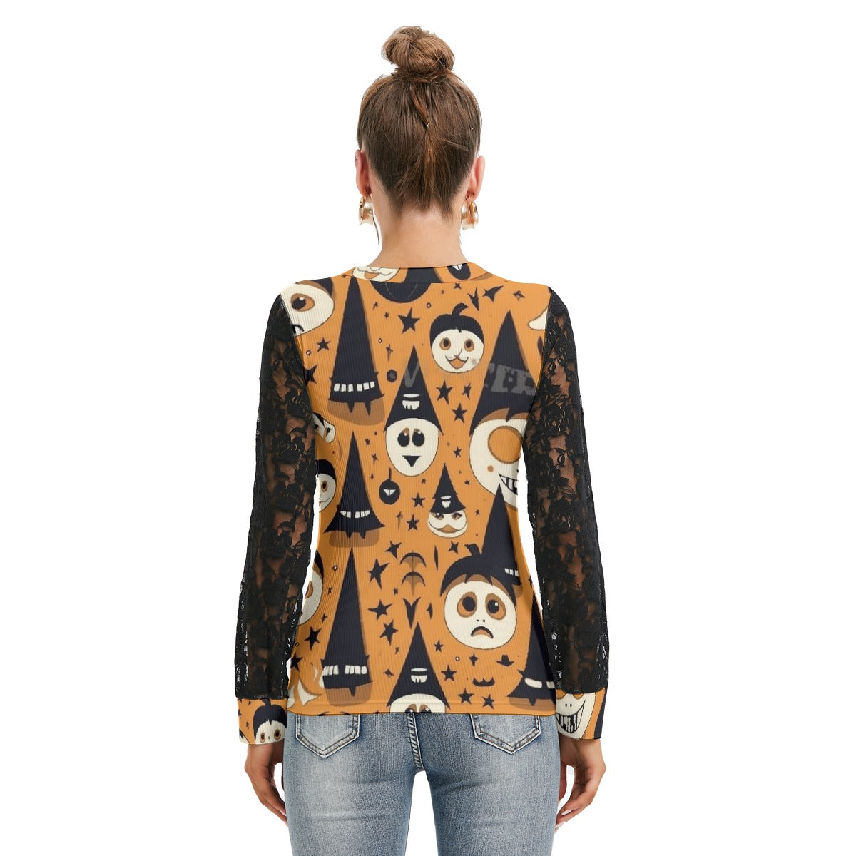 Ghostly Pumkins T-shirt  With Black Lace Sleeves - Kim’s Signature Beauty & Accessories