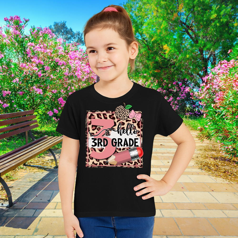 Hello 3rd Grade Leopard Pencil Tee – Back to School Shirt for Girls - Kim’s Signature Beauty & Accessories