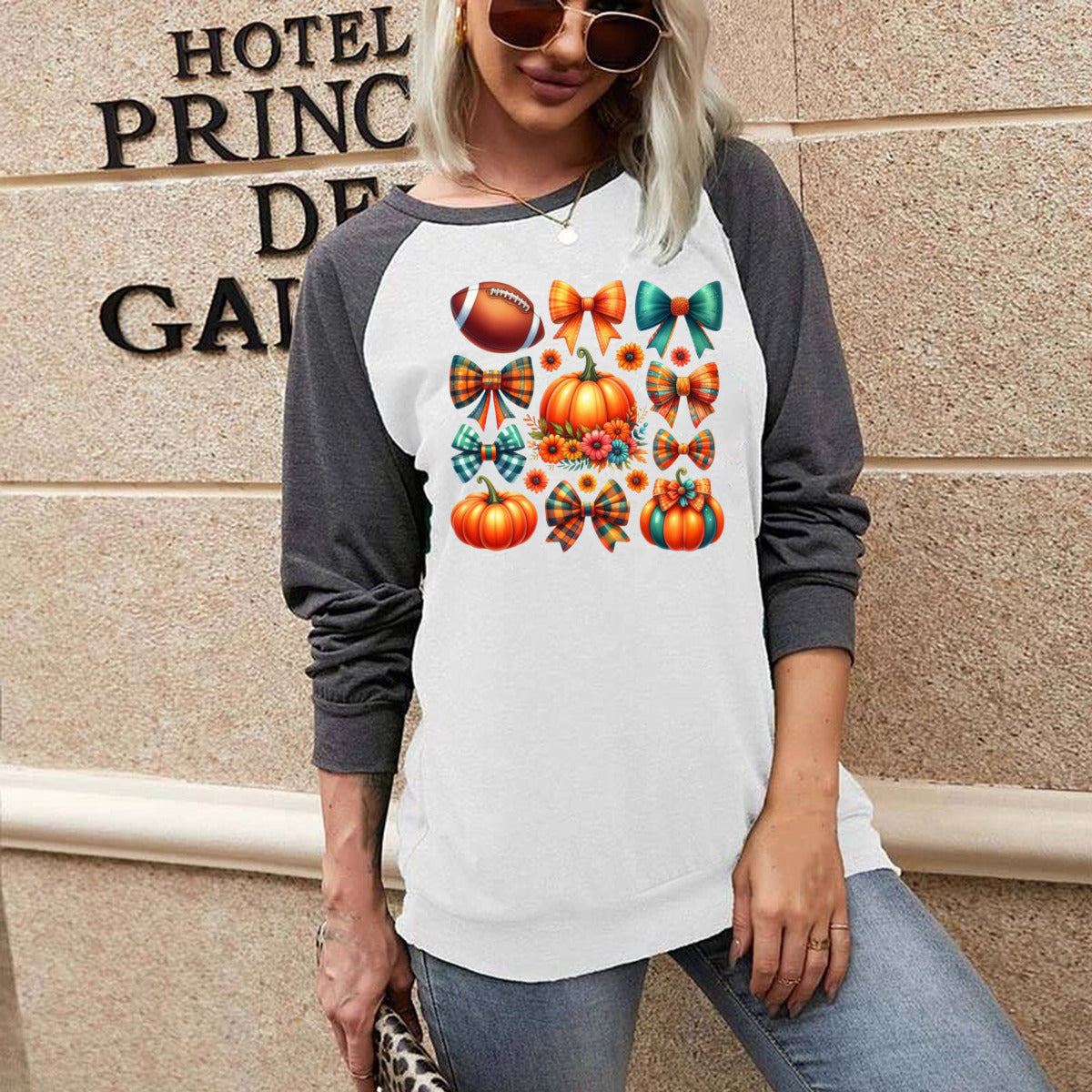 Football, Pumpkins & Bows Long Sleeve Tee - Kim’s Signature Beauty & Accessories (Store description)