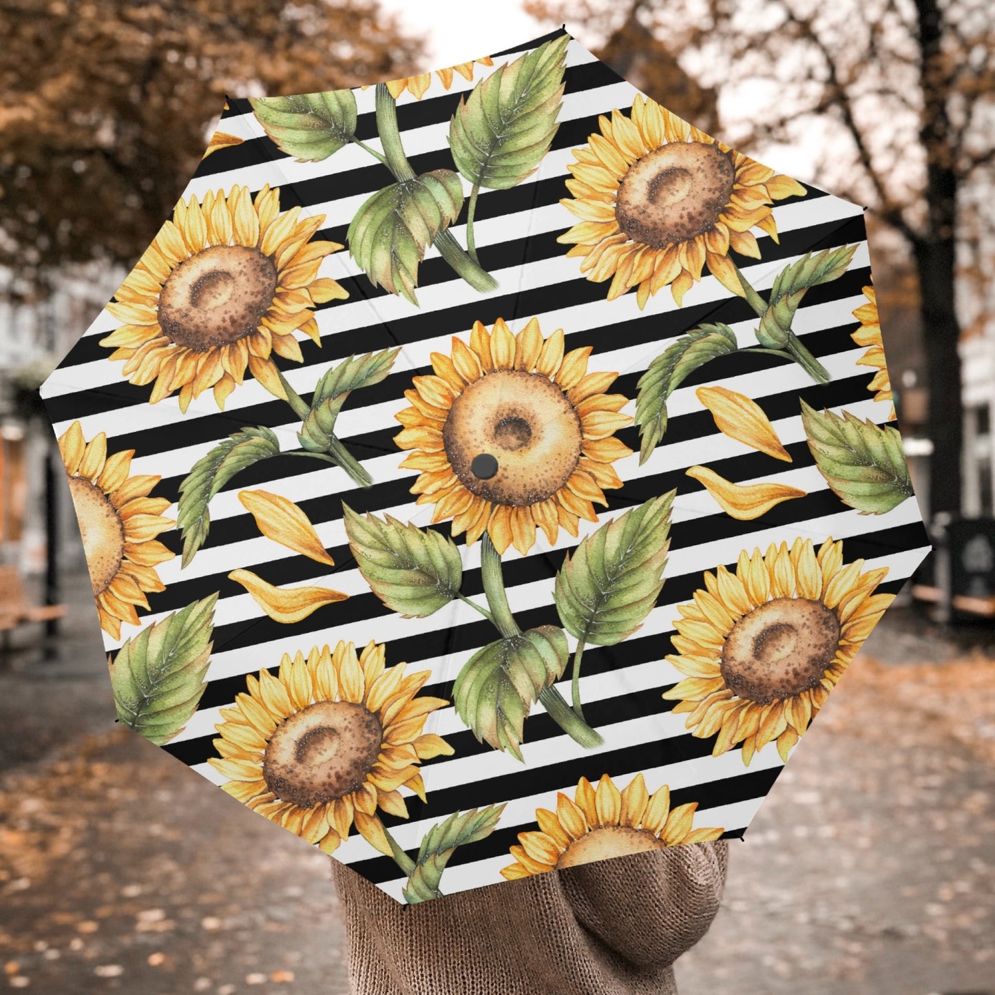 Sunflower Striped Travel Umbrella – Auto Open/Close - Kim’s Signature Beauty & Accessories (Store description)