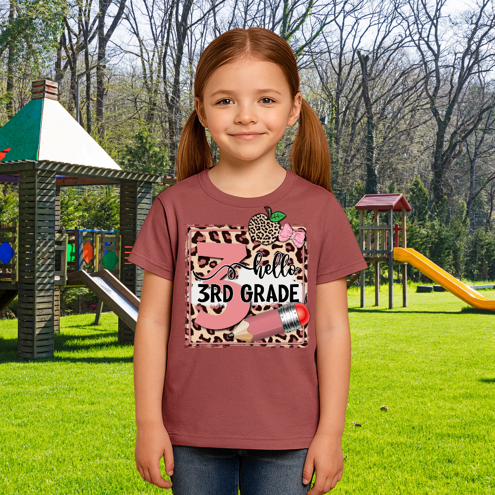 Hello 3rd Grade Leopard Pencil Tee – Back to School Shirt for Girls - Kim’s Signature Beauty & Accessories