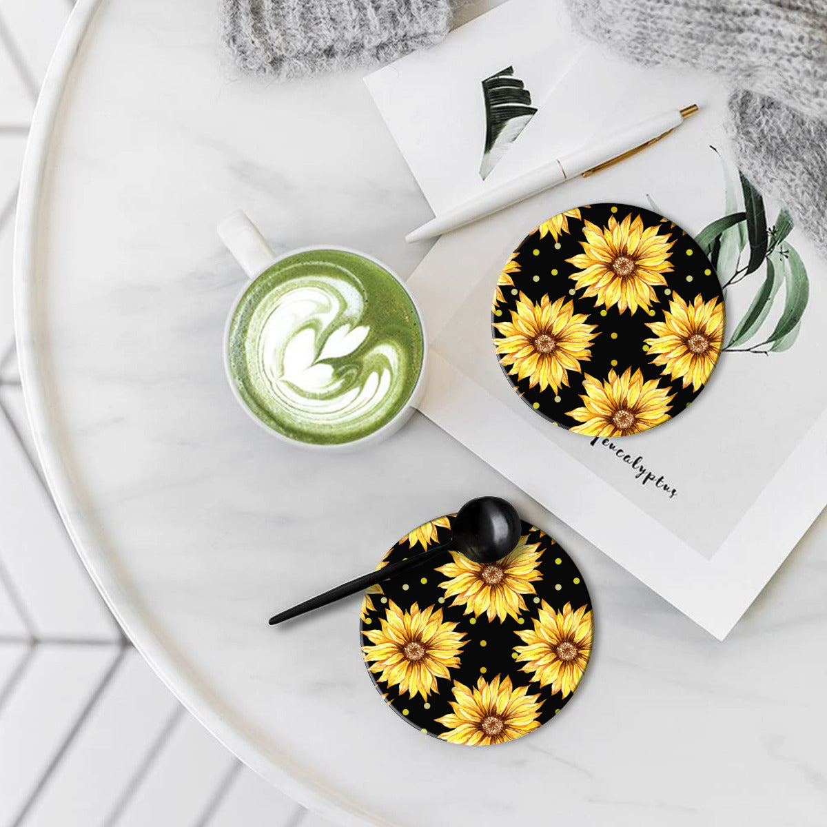 Black Coaster Set with Yellow Sunflowers - Kim’s Signature Beauty & Accessories