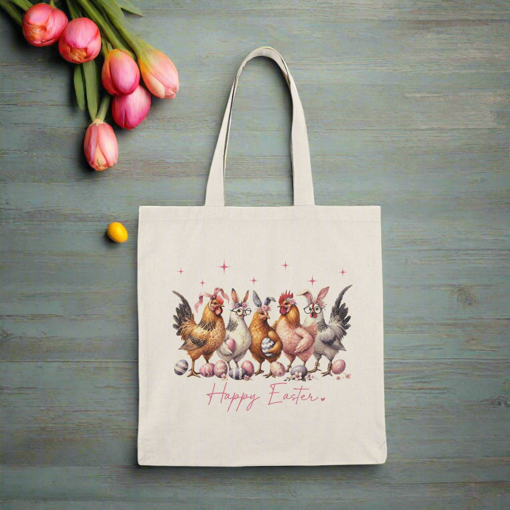 Happy Easter Natural Tote Bag | Cute Chicken Design - Kim’s Signature Beauty & Accessories (Store description)