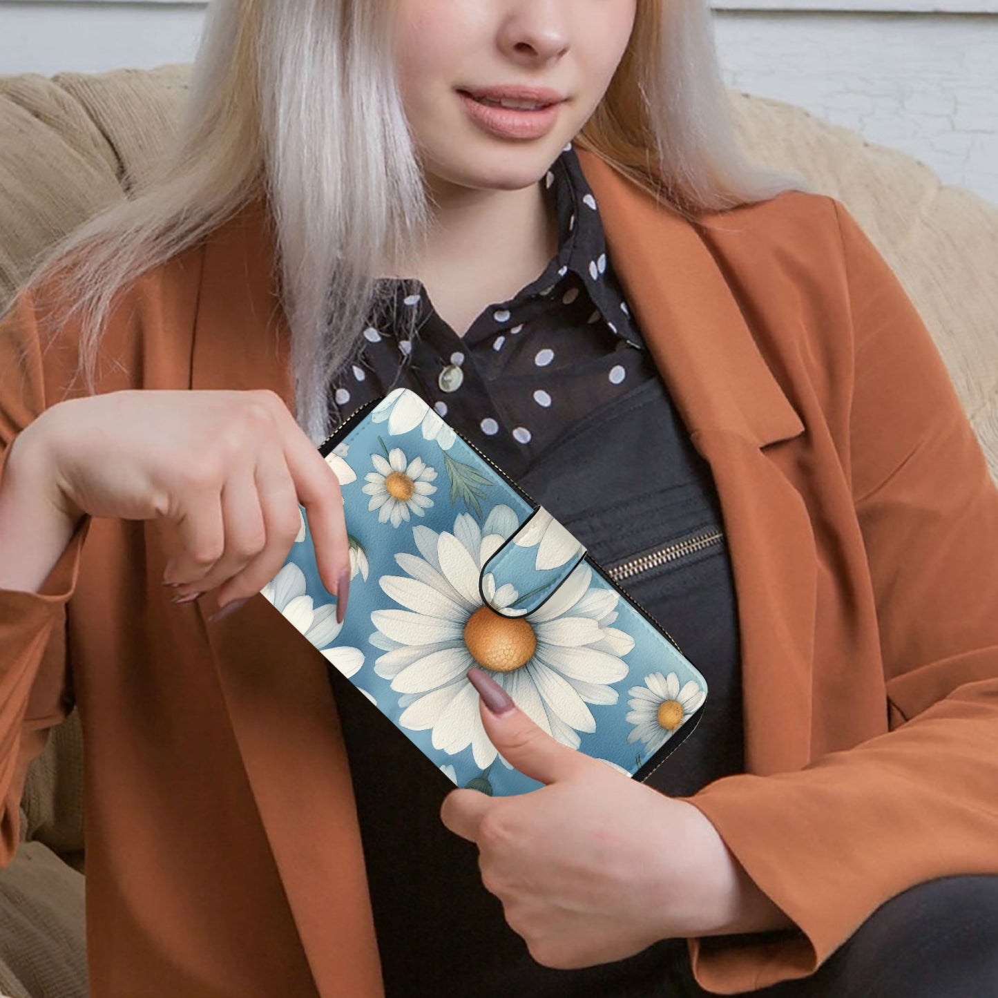 Blue with white flowers | Long Leather Wallet - Kim’s Signature Beauty & Accessories