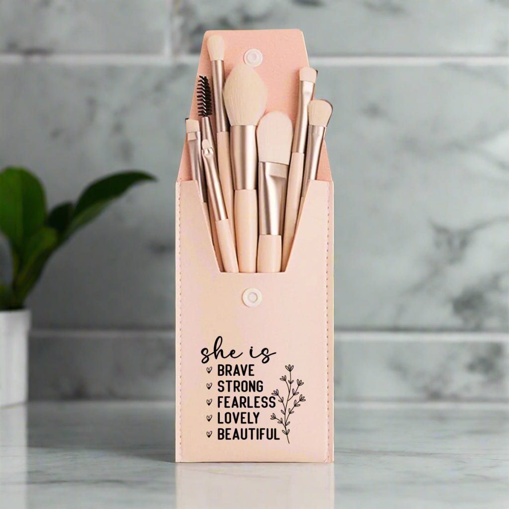 She Is Brave 8-Piece Makeup Brush Set – Soft Brushes with Inspirational Travel Case - Kim’s Signature Beauty & Accessories (Store description)