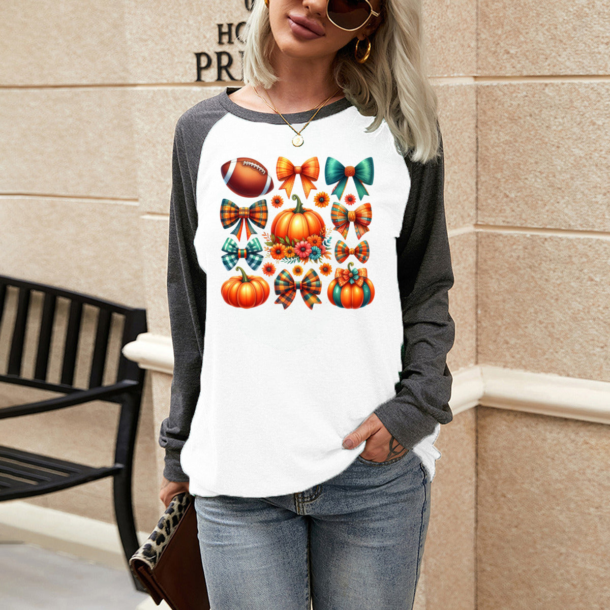 Football, Pumpkins & Bows Long Sleeve Tee - Kim’s Signature Beauty & Accessories (Store description)