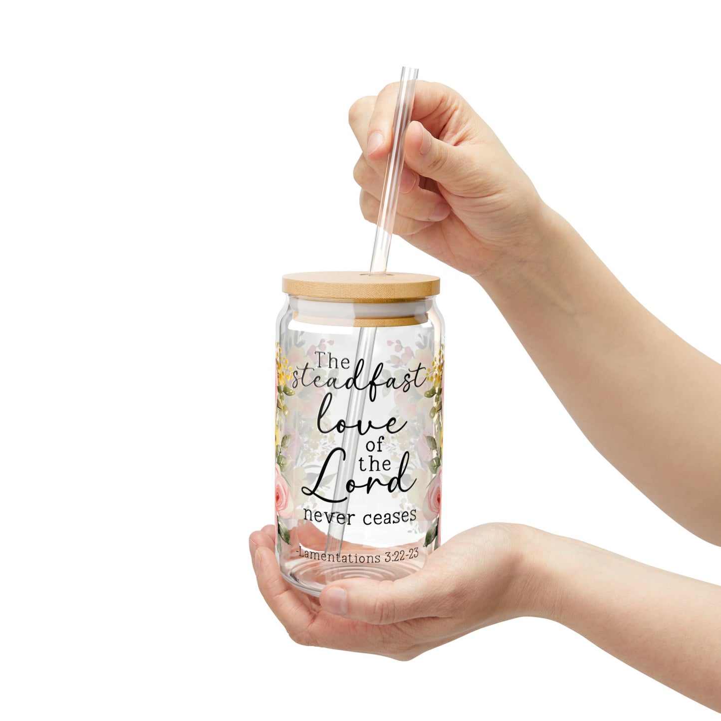 Lamentations 3:22-23 Floral Sipper Glass - 16oz - Kim’s Signature Beauty & Accessories (Store description)