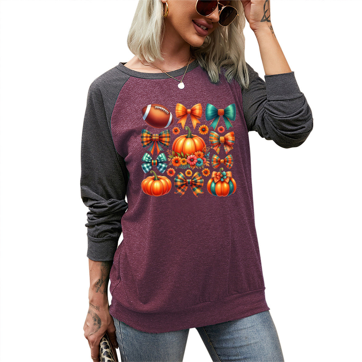 Football, Pumpkins & Bows Long Sleeve Tee - Kim’s Signature Beauty & Accessories (Store description)