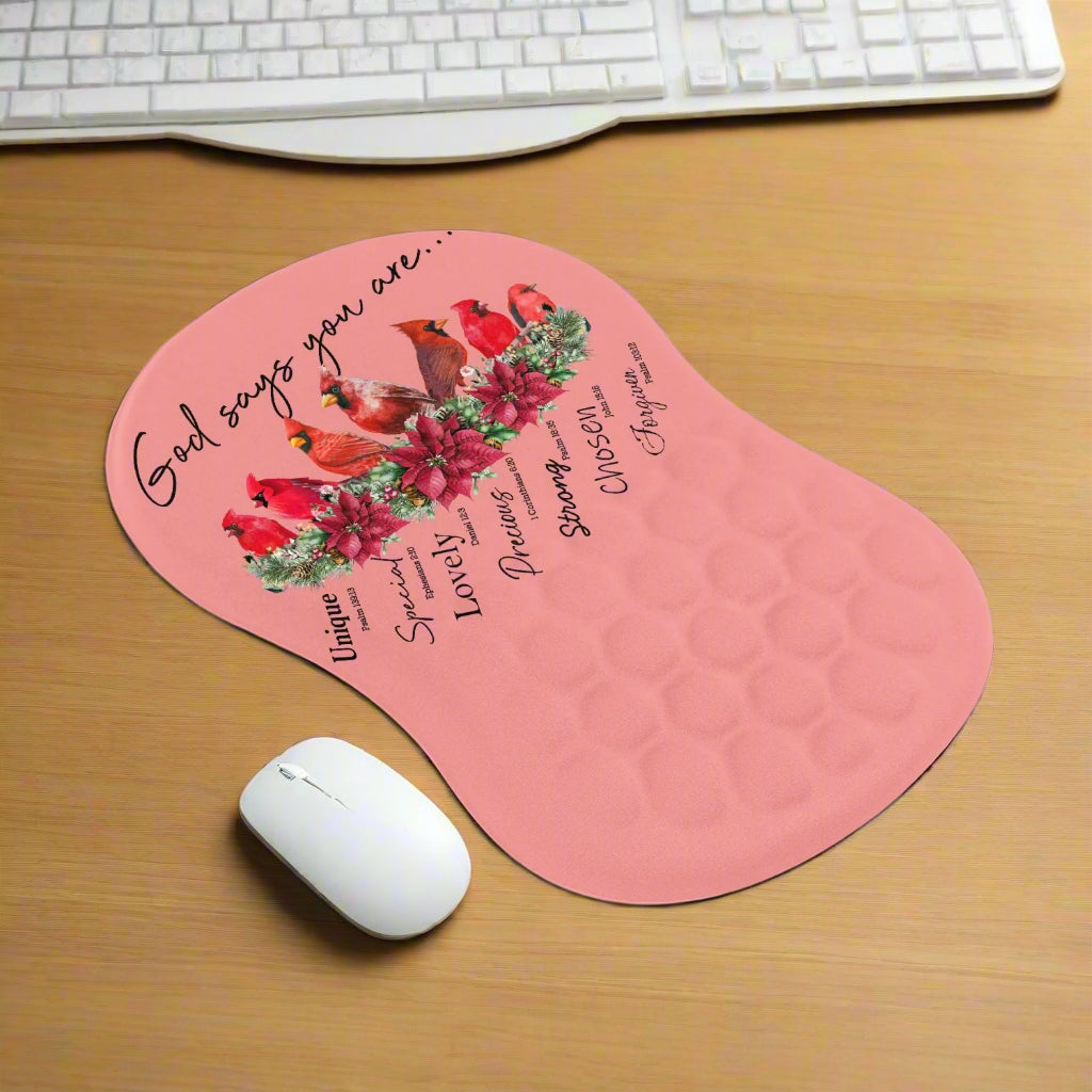 God Says You Are | Cardinal Mouse Pad – Faith-Inspired Design with Wrist Support - Kim’s Signature Beauty & Accessories (Store description)